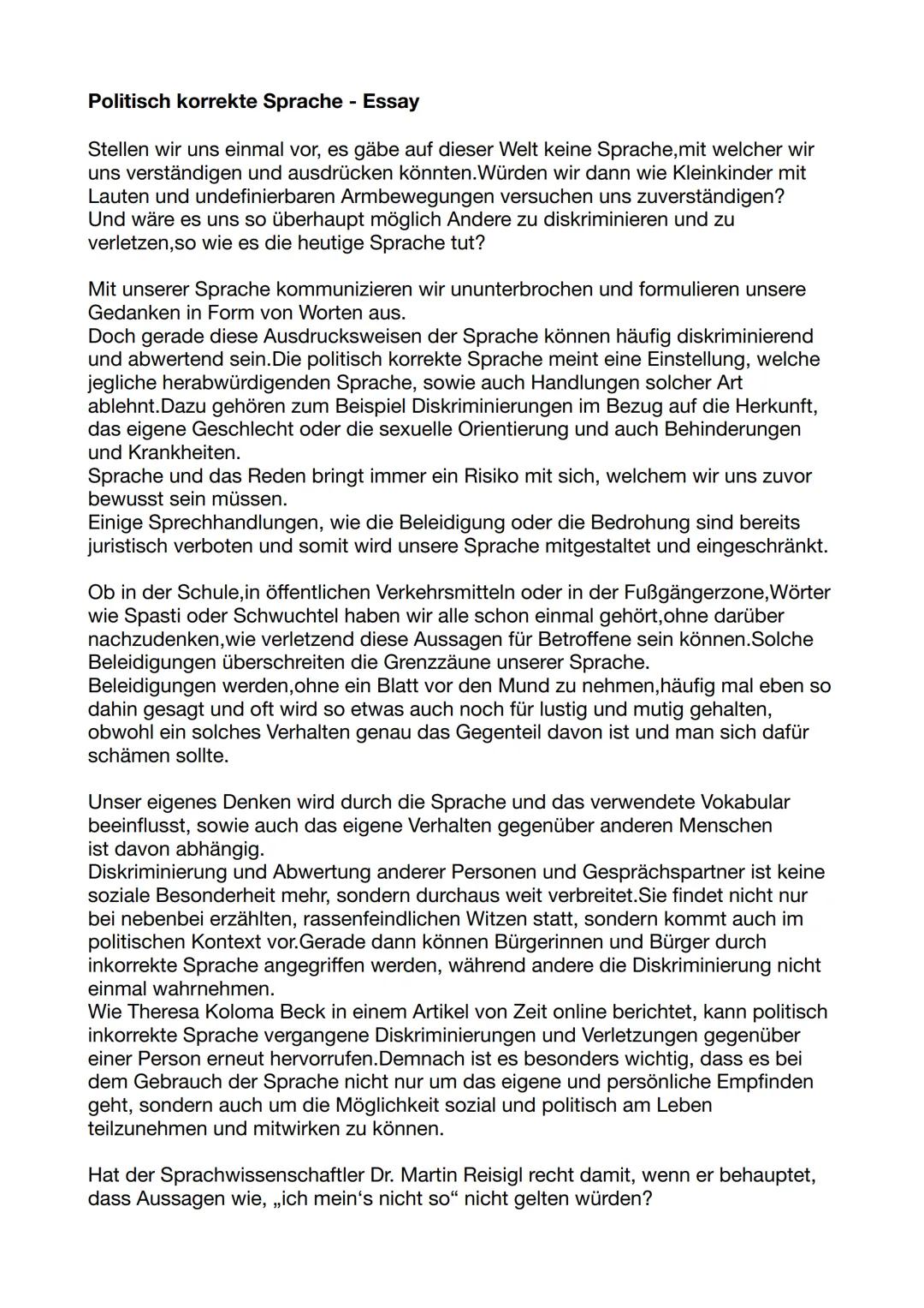 Materialgestütztes Schreiben – Politisch korrekte Sprache im Essay