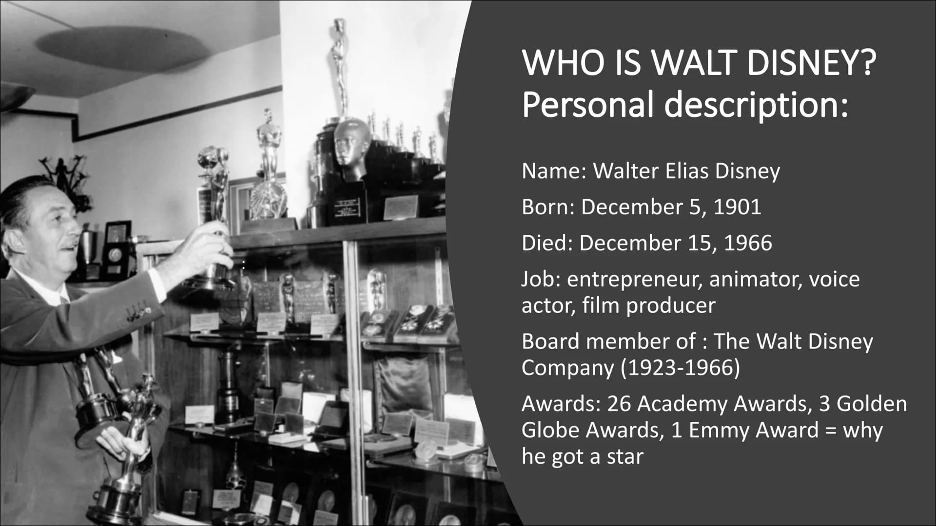WALT DISNEY
WALT DISNEY
On the Walk of Fame STRUCTURE
Personal description
● Resume
●
• Example's / Special Films
The end of Walters career
