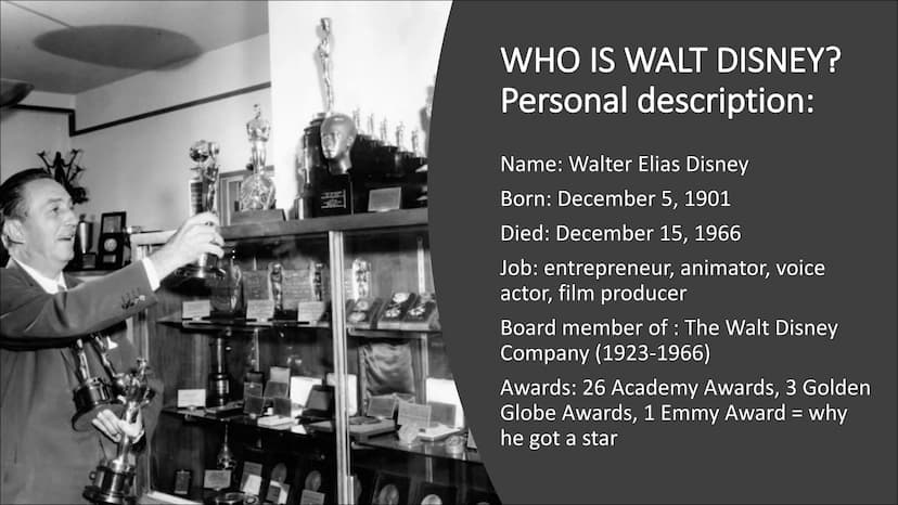 WALT DISNEY
WALT DISNEY
On the Walk of Fame STRUCTURE
Personal description
● Resume
●
• Example's / Special Films
The end of Walters career
