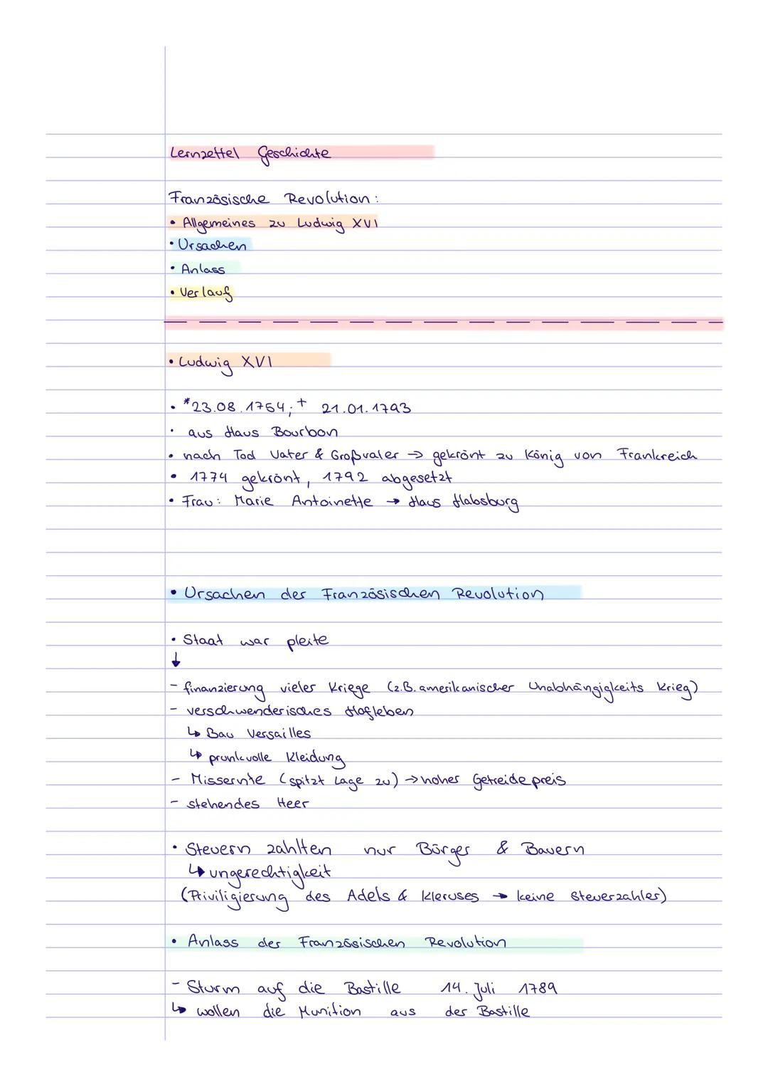 Lernzettel Geschichte
Französische Revolution:
• Allgemeines zu Ludwig XVI
•Ursachen
• Anlass
• Verlauf
•Ludwig XVI
• *23.08.1754; " 21.01.1