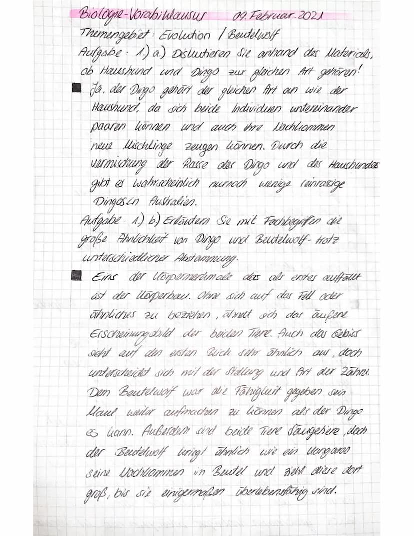 Biologie-Vorabiulausur
09. Februar 2021
Themengebiet Evolution /Beutelwolf
Aufgabe: 1.) a.) Diskutieren Sie anhand des Materials,
ob Haushun