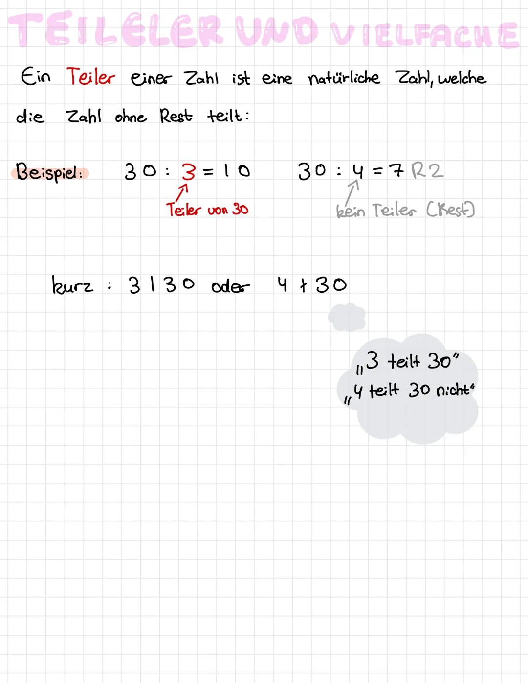 TEILELER UND VIELFACHE
Ein Teiler einer Zahl ist eine natürliche Zahl, welche
die Zahl ohne Rest teilt:
Beispiel:
30:3=10
1
Teiler von 30
ku