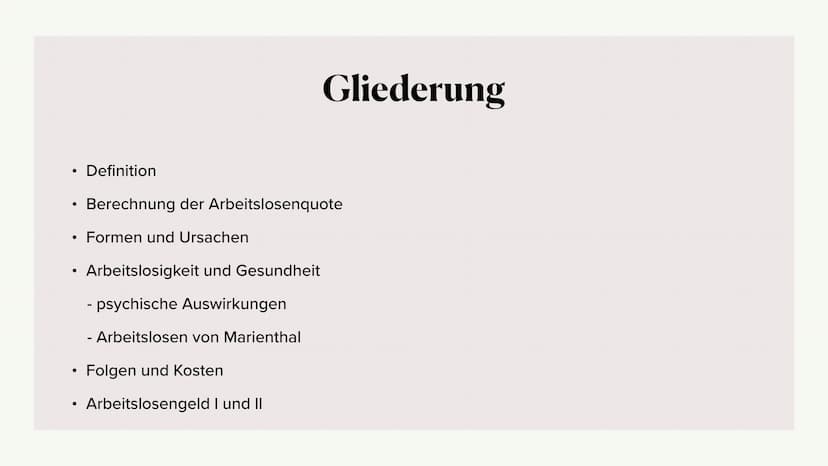 Arbeitslosigkeit
Alia, Angelina, Pauline, Mette, Mathushiga, Vanessa ●
●
●
●
●
●
Definition
Gliederung
Berechnung der Arbeitslosenquote
Form