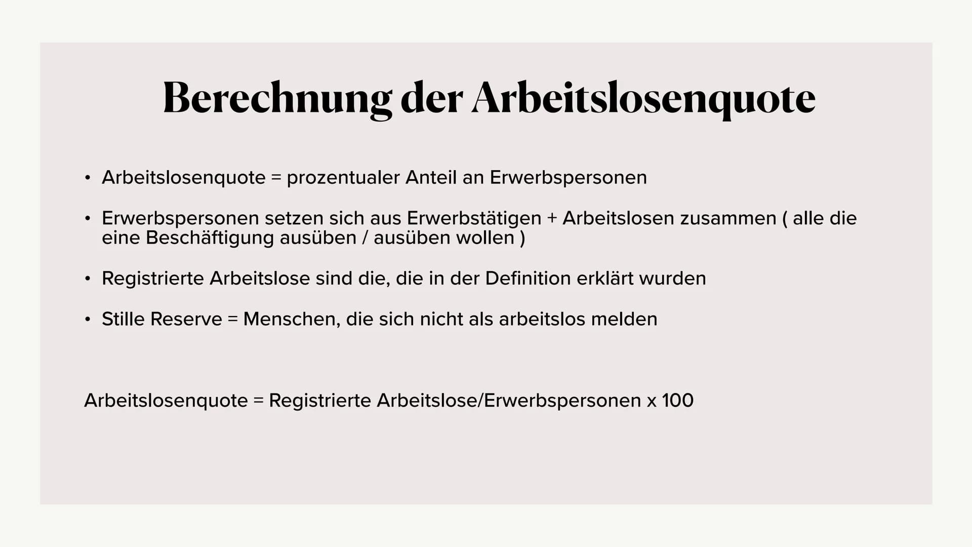 Arbeitslosigkeit
Alia, Angelina, Pauline, Mette, Mathushiga, Vanessa ●
●
●
●
●
●
Definition
Gliederung
Berechnung der Arbeitslosenquote
Form
