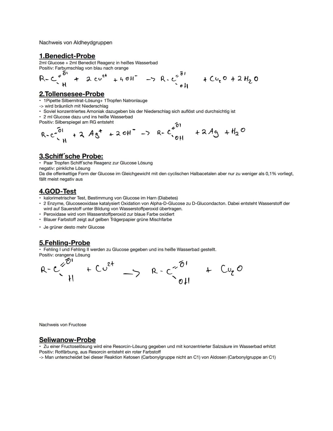 Nachweis von Aldheydgruppen
1.Benedict-Probe
2ml Glucose + 2ml Benedict Reagenz in heißes Wasserbad
Positiv: Farbumschlag von blau nach oran