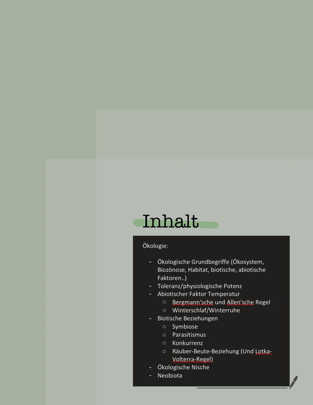 # Inhalt

Ökologie:

- Ökologische Grundbegriffe (Ökosystem,
  Biozönose, Habitat, biotische, abiotische
  Faktoren..)
- Toleranz/physiologi