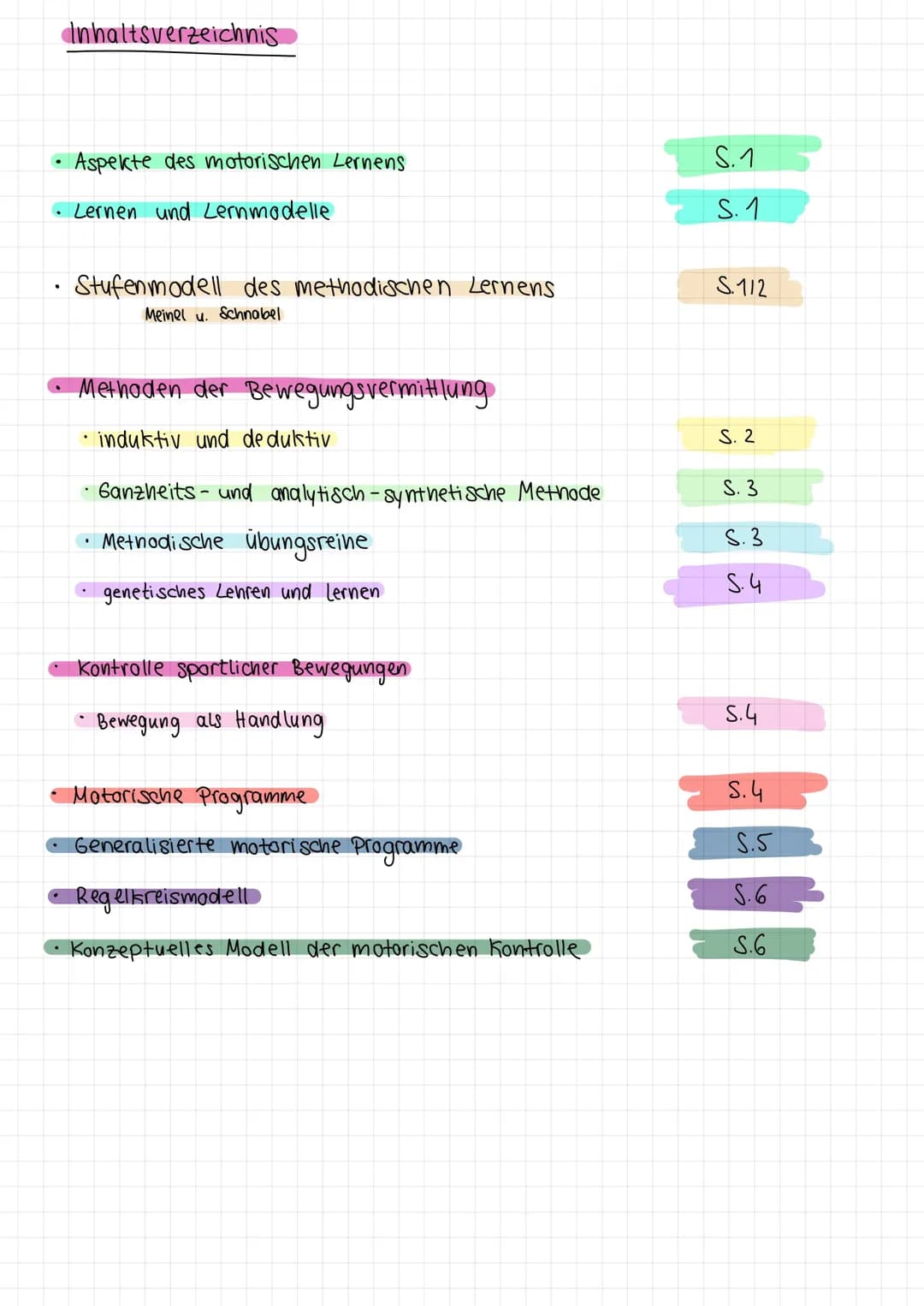 Motorisches Lernen, Lernmodelle, Stufenmodell des methodischen Lernens nach Meinel und Schnabel, Methoden der Bewegungsvermittlung, Kontrolle sortlicher Bewegungen, Motorische Programme, Regelkreismodell