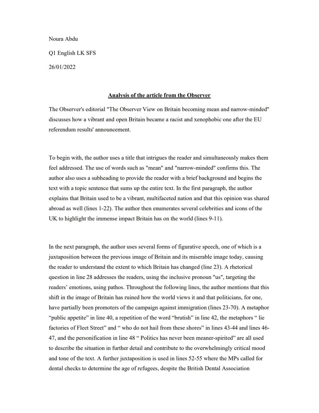 Noura Abdu
Q1 English LK SFS
26/01/2022
Analysis of the article from the Observer
The Observer's editorial "The Observer View on Britain bec