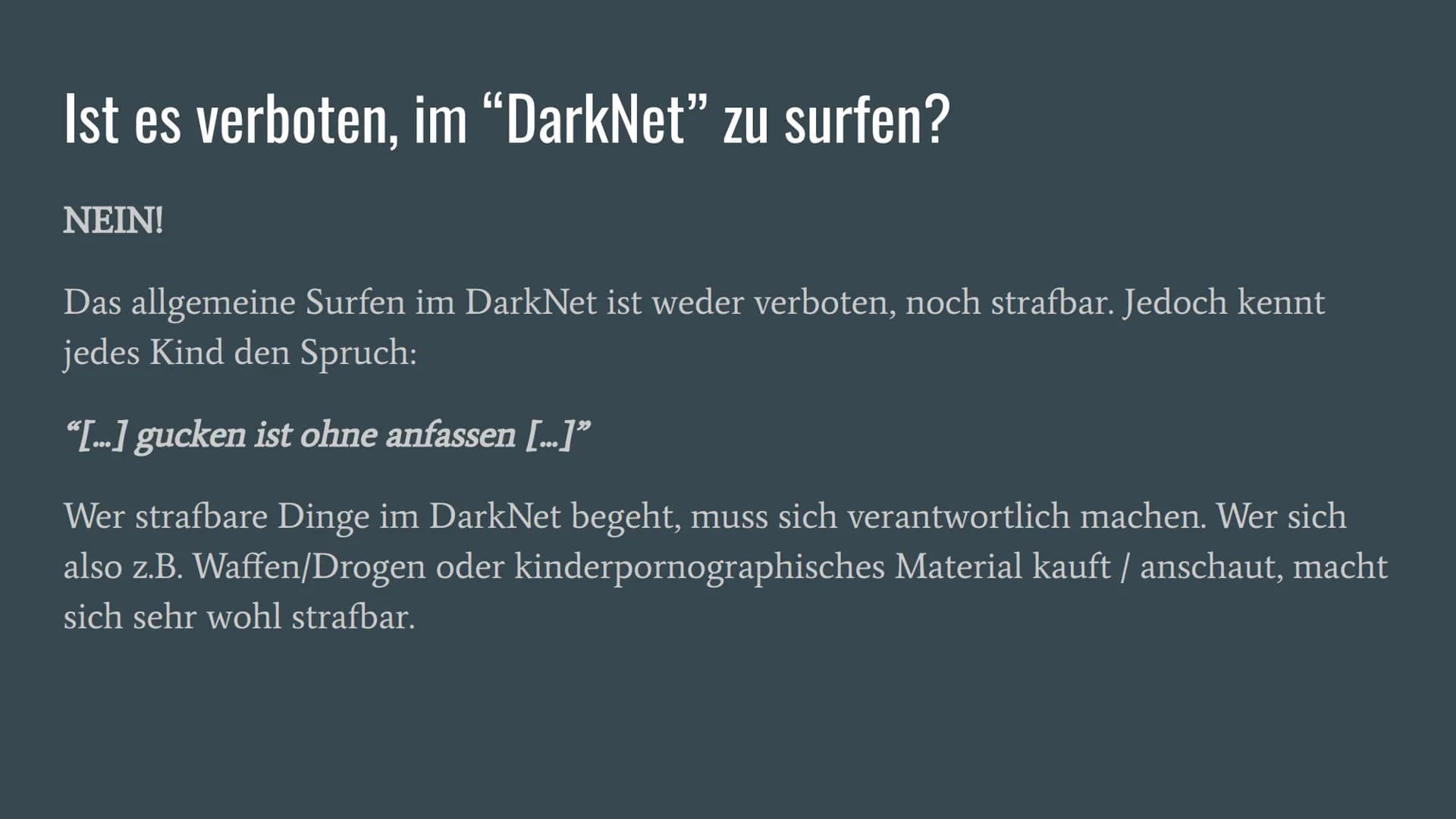 Das DarkNet...
... und seine Gefahren
Eine Präsentation von Justin D. Was ist das "DarkNet"?
Das Darknet ist eine anonymes Netzwerk (Peer to