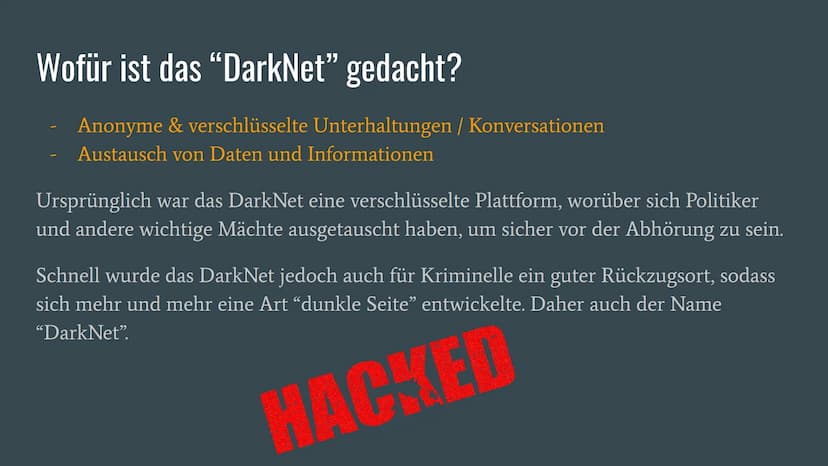 Das DarkNet...
... und seine Gefahren
Eine Präsentation von Justin D. Was ist das "DarkNet"?
Das Darknet ist eine anonymes Netzwerk (Peer to