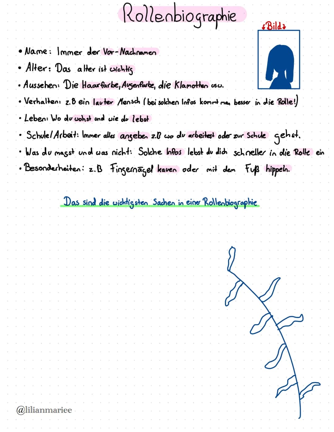 ·
•Name: Immer der Vor-Nachnamen
Alter: Das alter ist wichtig
Aussehen: Die Haarfarbe, Augenfarbe, die Klamotten usw.
• Verhalten: 2.B ein l