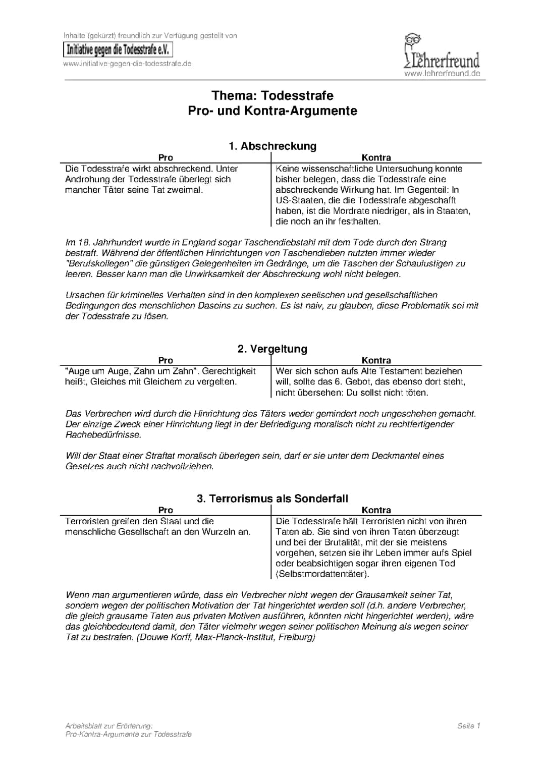 Pro und KONTRA Todesstrafe Tabelle - Argumente & Fakten für den Unterricht