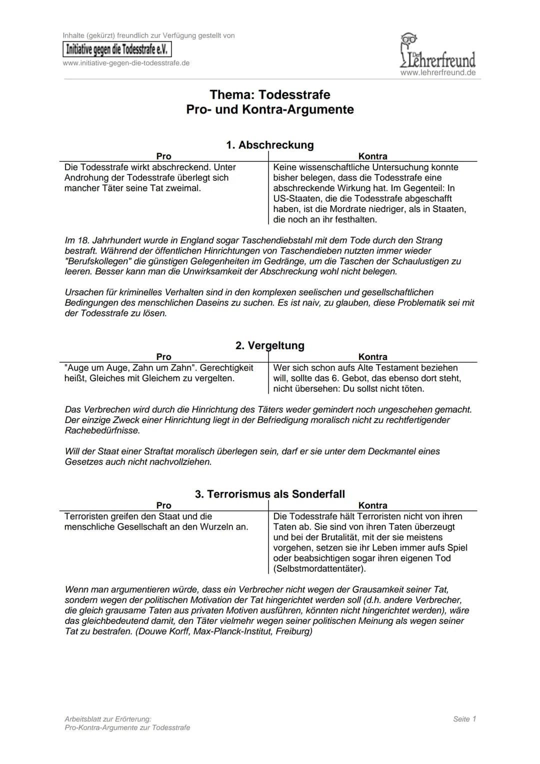 Inhalte (gekürzt) freundlich zur Verfügung gestellt von
Initiative gegen die Todesstrafe e.V.
www.initiative-gegen-die-todesstrafe.de
Pro
Th