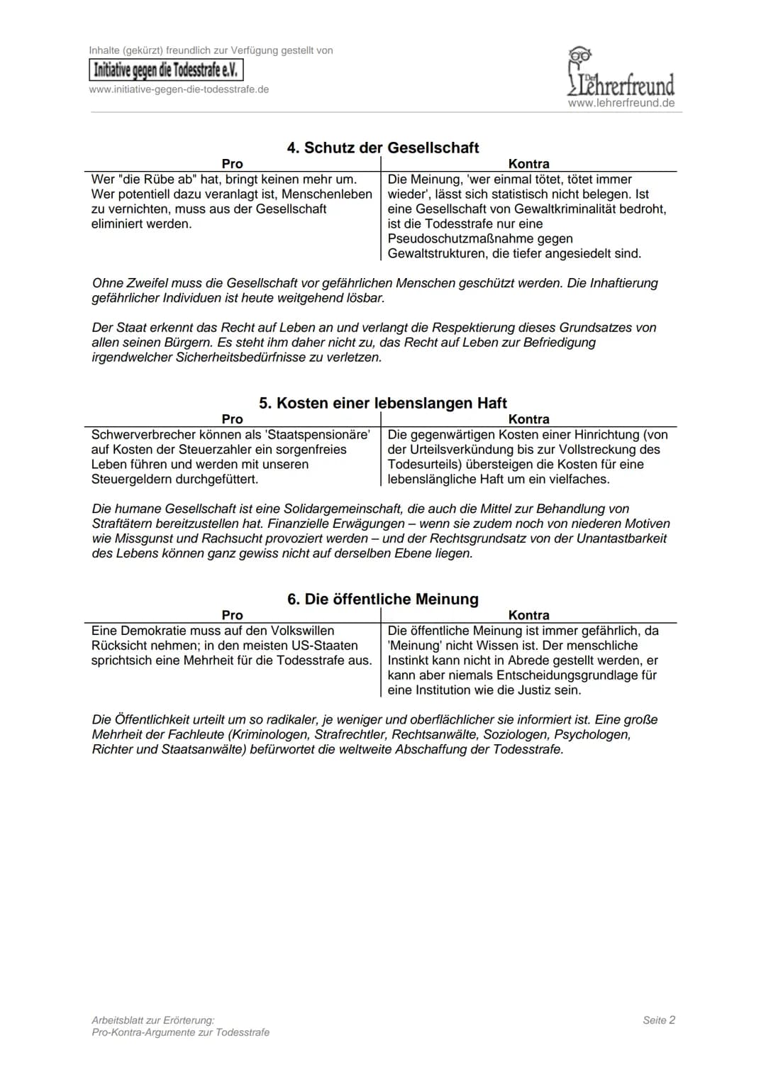 Inhalte (gekürzt) freundlich zur Verfügung gestellt von
Initiative gegen die Todesstrafe e.V.
www.initiative-gegen-die-todesstrafe.de
Pro
Th