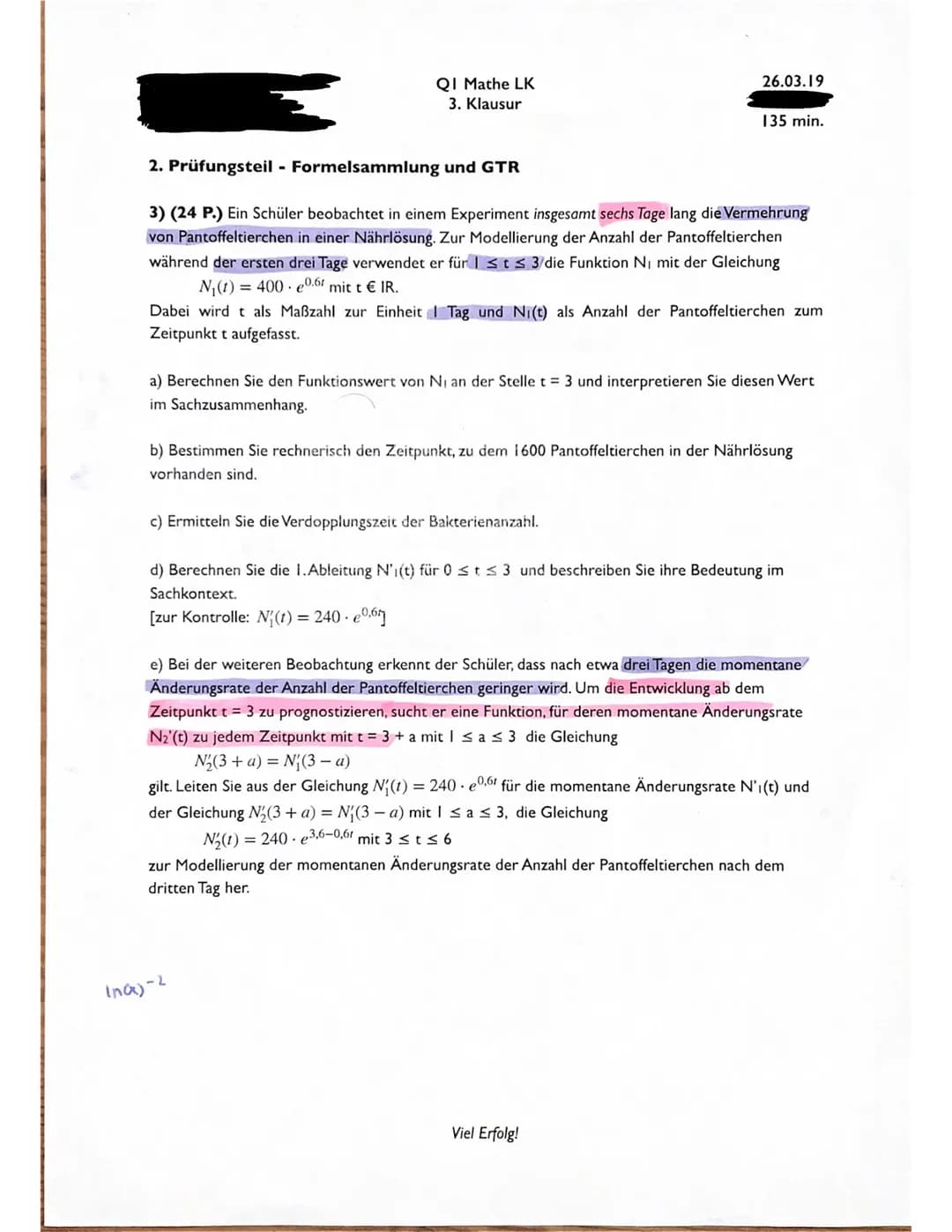 1. Prüfungsteil - hilfsmittelfrei - 30 min.
1) (10 P.) Bestimmen Sie x.
a) ex+3 = 11 en
X+3=en(1)1-3
X=-3
d) 25* = 5
QI Mathe LK
3. Klausur
