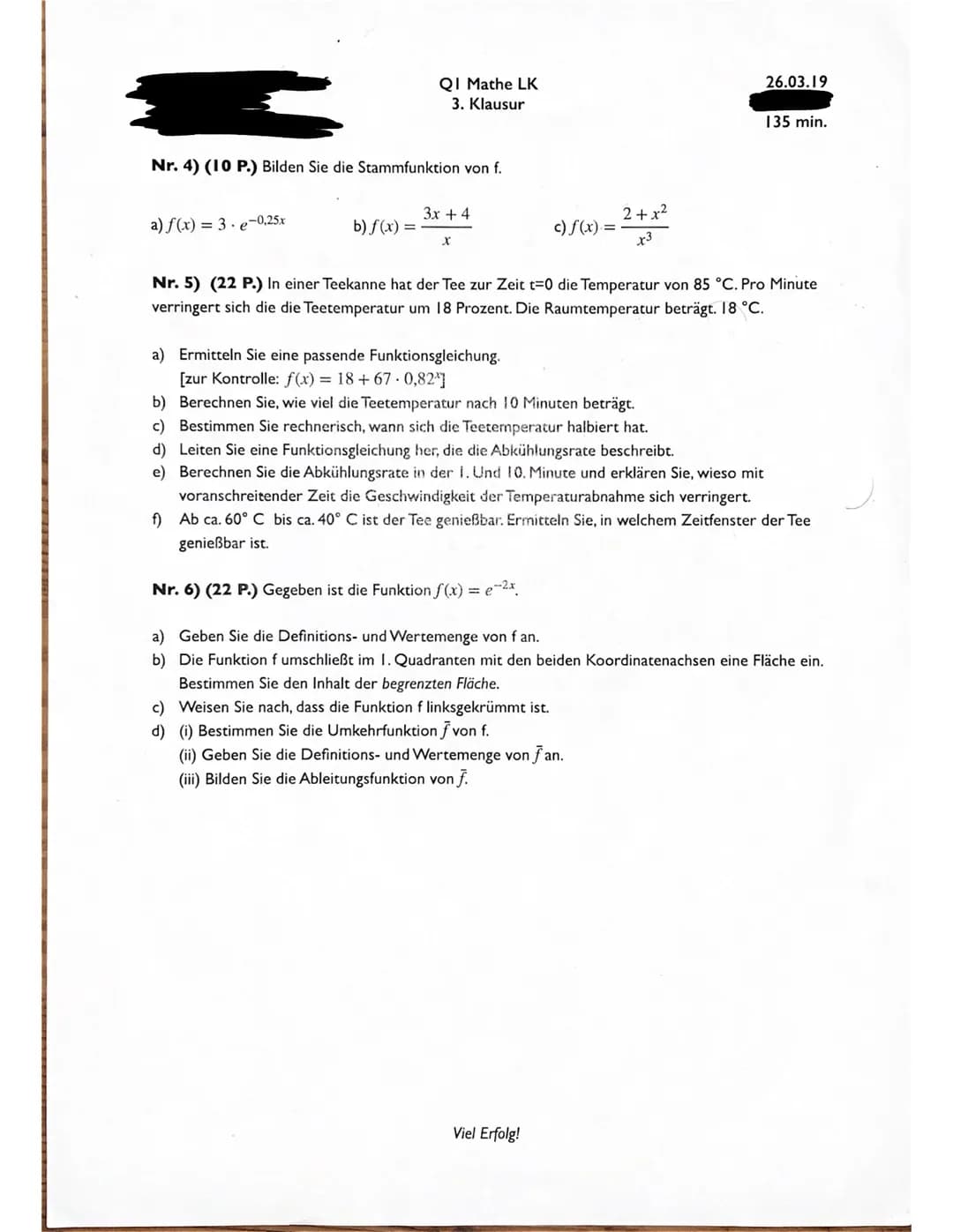 1. Prüfungsteil - hilfsmittelfrei - 30 min.
1) (10 P.) Bestimmen Sie x.
a) ex+3 = 11 en
X+3=en(1)1-3
X=-3
d) 25* = 5
QI Mathe LK
3. Klausur
