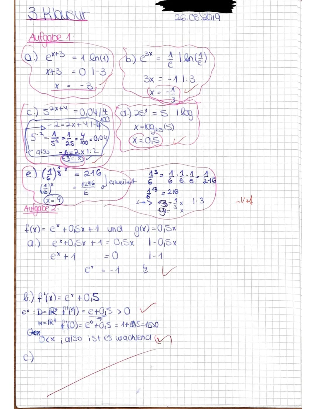 1. Prüfungsteil - hilfsmittelfrei - 30 min.
1) (10 P.) Bestimmen Sie x.
a) ex+3 = 11 en
X+3=en(1)1-3
X=-3
d) 25* = 5
QI Mathe LK
3. Klausur
