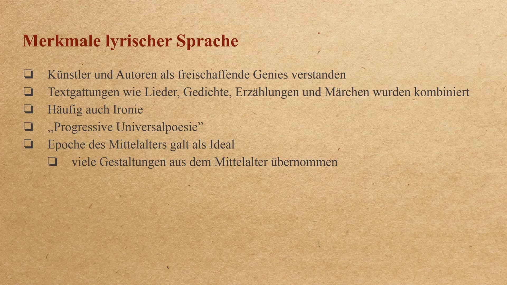 Die Epoche der Romantik Inhalt
-
-
Allgemeine Informationen
Allgemeingeschichtlicher Hintergrund
Welt- und Menschenbild
wichtige Motive/ Ges