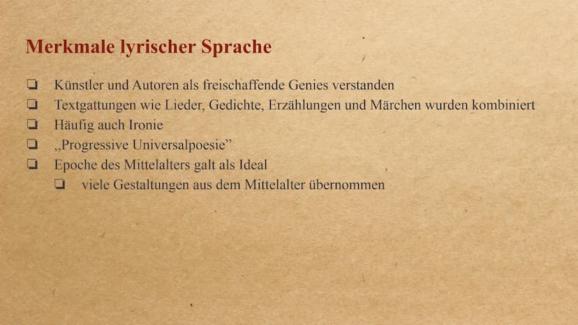 Die Epoche der Romantik Inhalt
-
-
Allgemeine Informationen
Allgemeingeschichtlicher Hintergrund
Welt- und Menschenbild
wichtige Motive/ Ges