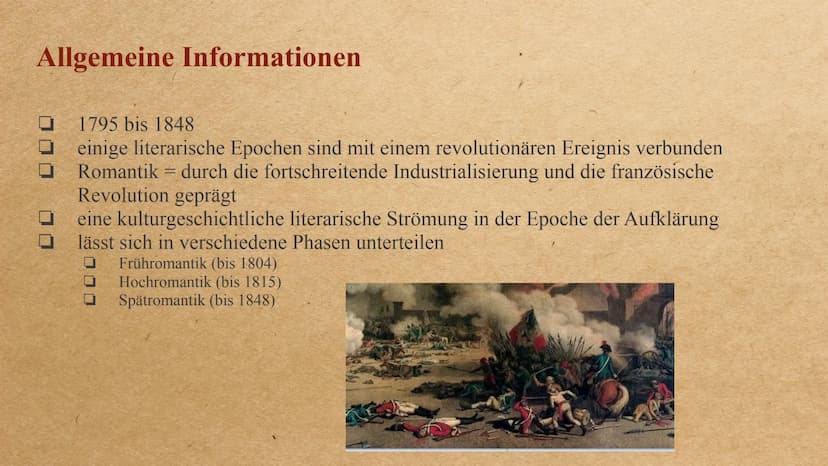 Die Epoche der Romantik Inhalt
-
-
Allgemeine Informationen
Allgemeingeschichtlicher Hintergrund
Welt- und Menschenbild
wichtige Motive/ Ges