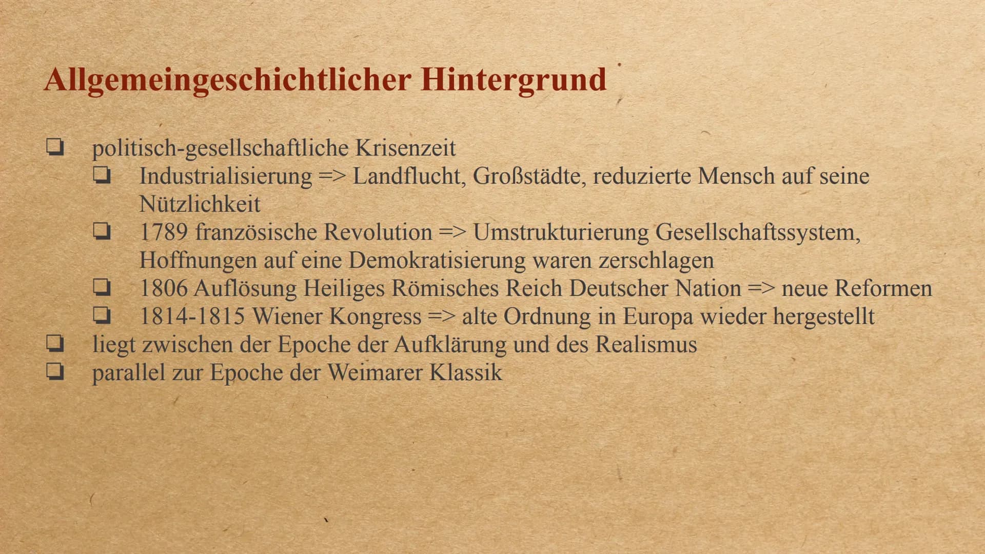 Die Epoche der Romantik Inhalt
-
-
Allgemeine Informationen
Allgemeingeschichtlicher Hintergrund
Welt- und Menschenbild
wichtige Motive/ Ges