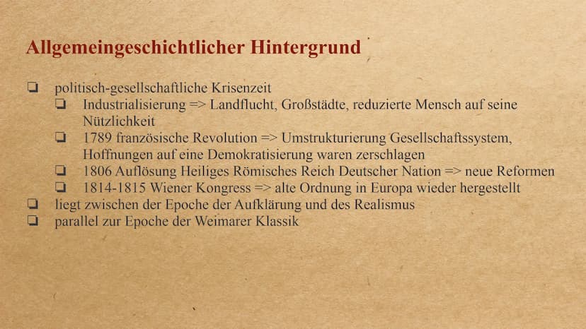 Die Epoche der Romantik Inhalt
-
-
Allgemeine Informationen
Allgemeingeschichtlicher Hintergrund
Welt- und Menschenbild
wichtige Motive/ Ges