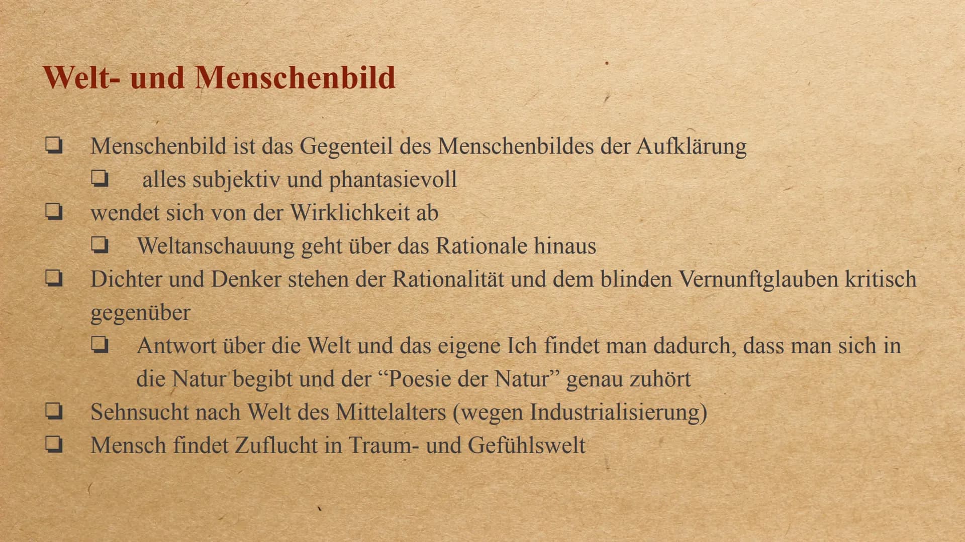 Die Epoche der Romantik Inhalt
-
-
Allgemeine Informationen
Allgemeingeschichtlicher Hintergrund
Welt- und Menschenbild
wichtige Motive/ Ges