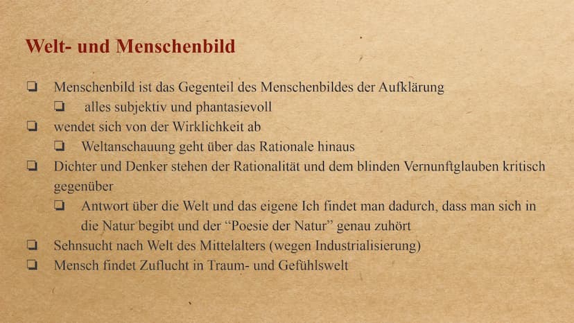 Die Epoche der Romantik Inhalt
-
-
Allgemeine Informationen
Allgemeingeschichtlicher Hintergrund
Welt- und Menschenbild
wichtige Motive/ Ges