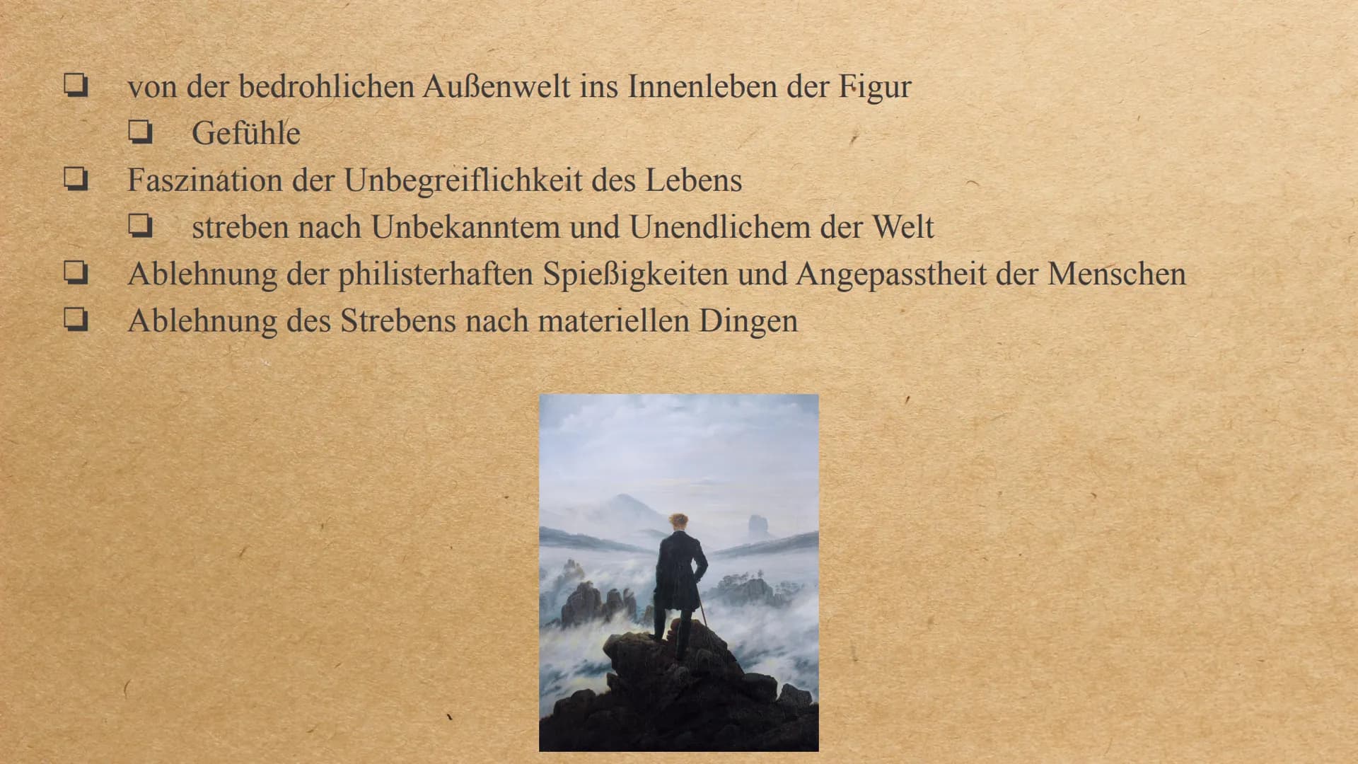 Die Epoche der Romantik Inhalt
-
-
Allgemeine Informationen
Allgemeingeschichtlicher Hintergrund
Welt- und Menschenbild
wichtige Motive/ Ges