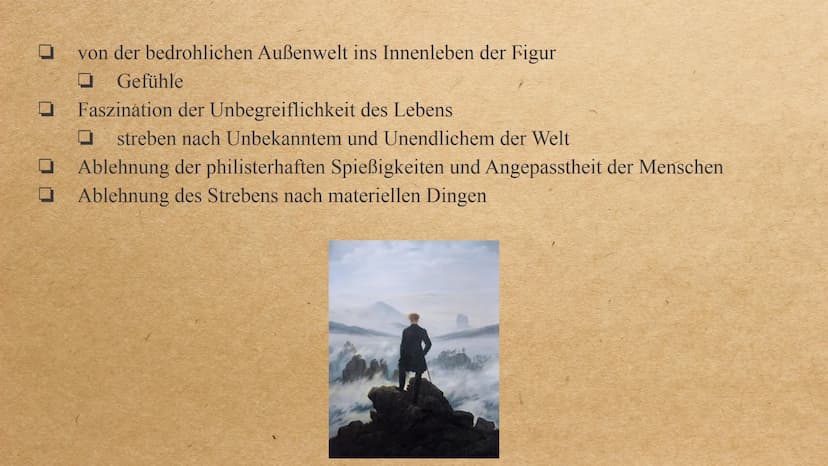 Die Epoche der Romantik Inhalt
-
-
Allgemeine Informationen
Allgemeingeschichtlicher Hintergrund
Welt- und Menschenbild
wichtige Motive/ Ges