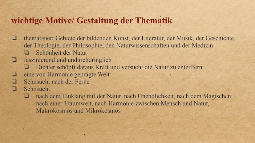 Die Epoche der Romantik Inhalt
-
-
Allgemeine Informationen
Allgemeingeschichtlicher Hintergrund
Welt- und Menschenbild
wichtige Motive/ Ges