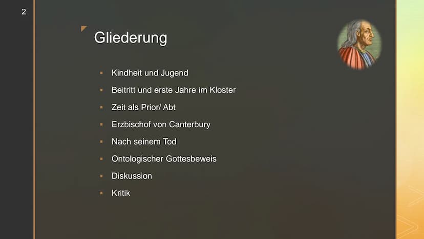 Anselm von
Canterbury 2
Gliederung
▪ Kindheit und Jugend
Beitritt und erste Jahre im Kloster
Zeit als Prior/Abt
Erzbischof von Canterbury
Na