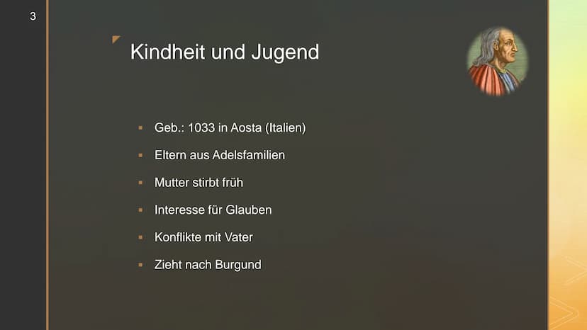 Anselm von
Canterbury 2
Gliederung
▪ Kindheit und Jugend
Beitritt und erste Jahre im Kloster
Zeit als Prior/Abt
Erzbischof von Canterbury
Na