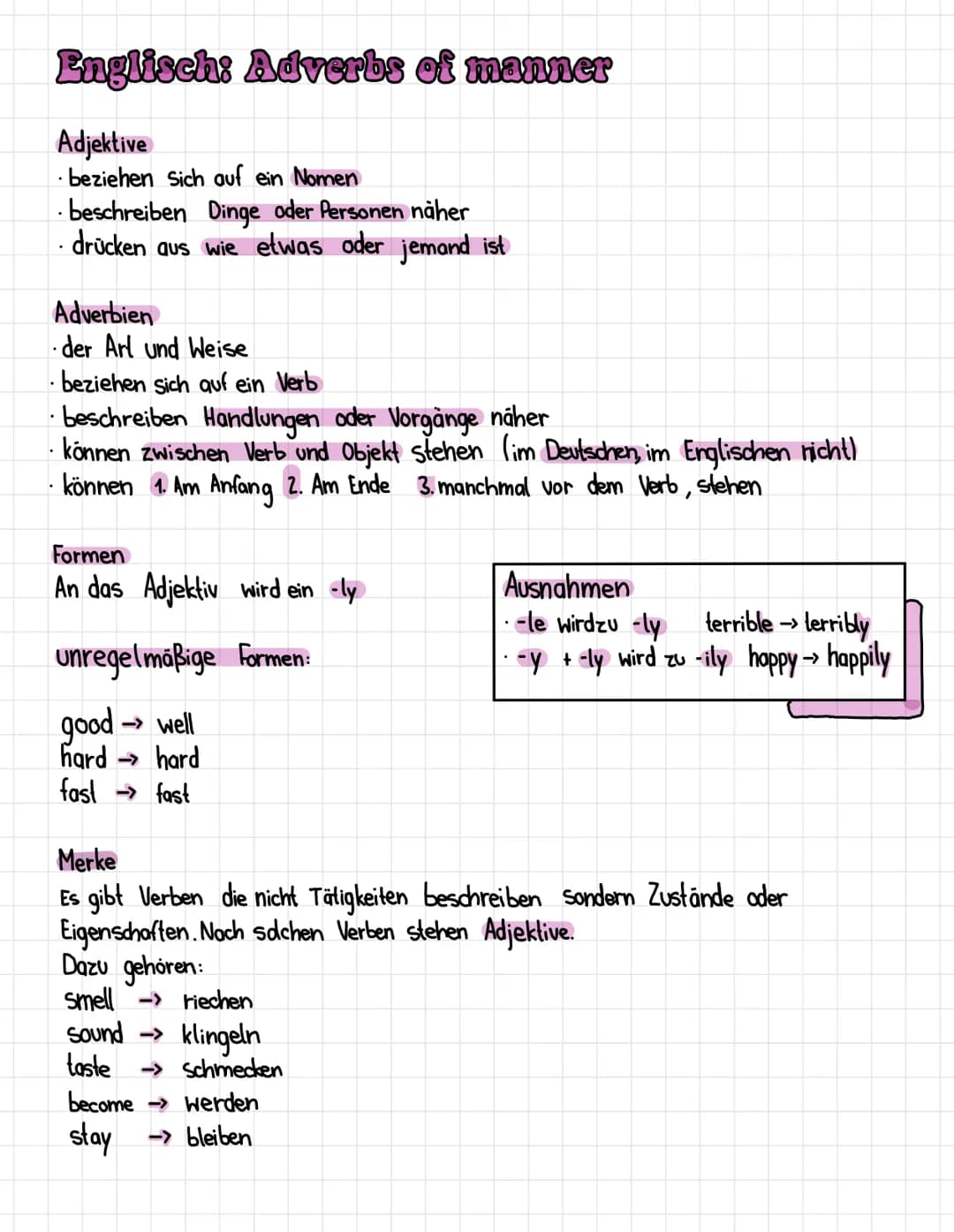 Englisch: Adverbs of manner
Adjektive
.
• beziehen sich auf ein Nomen
.
beschreiben Dinge oder Personen näher
drücken aus wie etwas oder jem