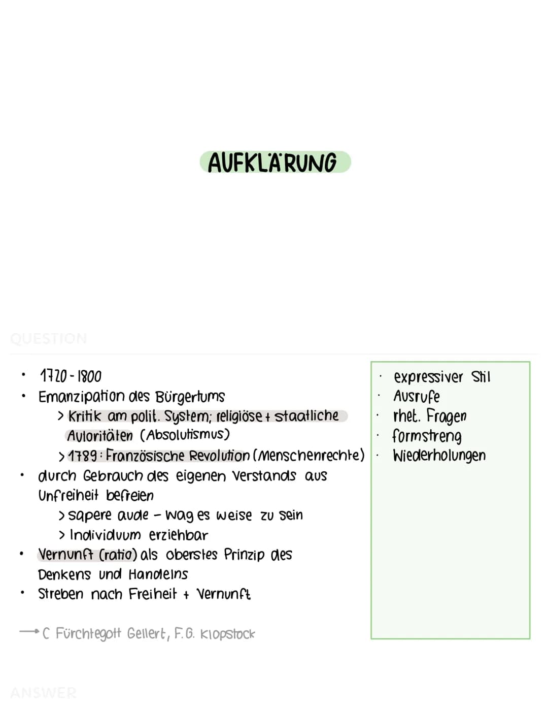 AUFKLÄRUNG
1750
STURM +
DRANG
WEIMARER KLASSIK
Französische
Revolution
1789
ROMANTIK
Italienreise
Goethe
1786
1800
Tod Schiller
1805
VORMÄRZ