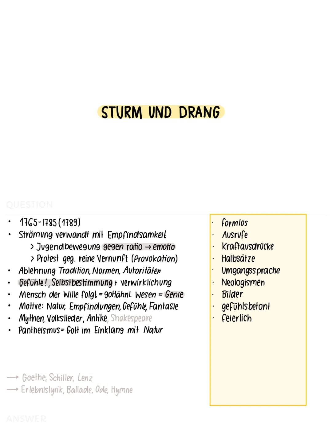 AUFKLÄRUNG
1750
STURM +
DRANG
WEIMARER KLASSIK
Französische
Revolution
1789
ROMANTIK
Italienreise
Goethe
1786
1800
Tod Schiller
1805
VORMÄRZ
