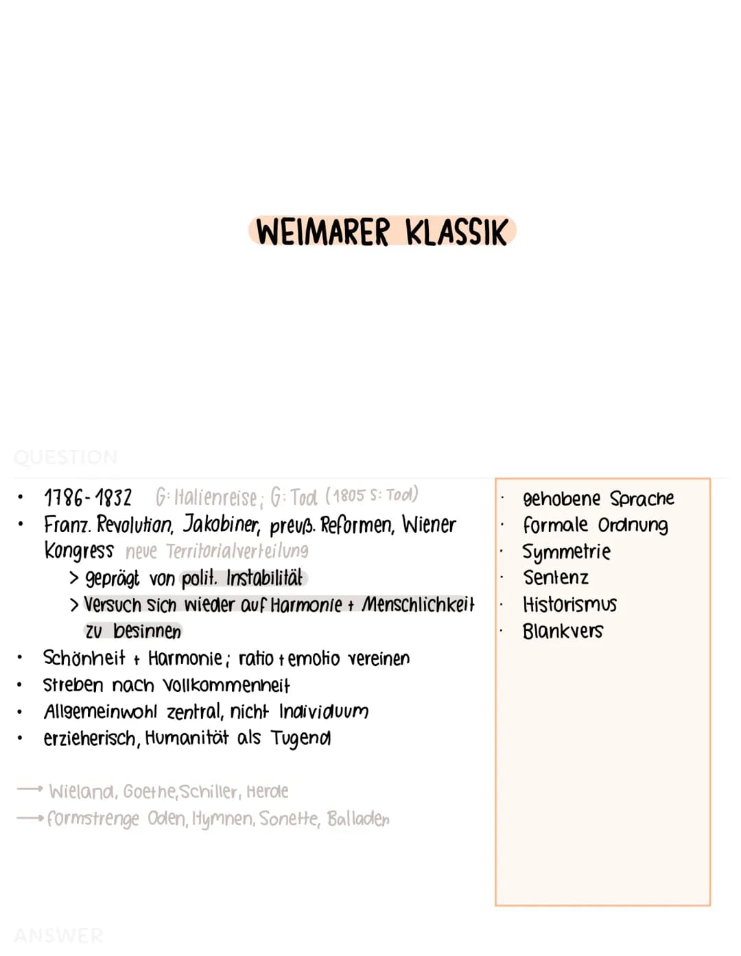 AUFKLÄRUNG
1750
STURM +
DRANG
WEIMARER KLASSIK
Französische
Revolution
1789
ROMANTIK
Italienreise
Goethe
1786
1800
Tod Schiller
1805
VORMÄRZ