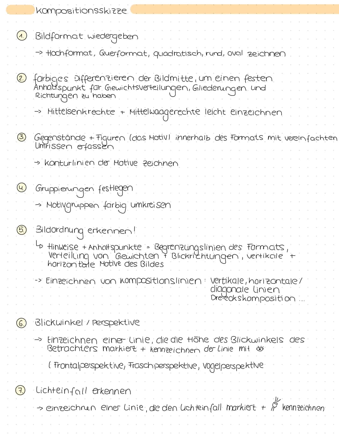 Kompositionsskizze
2 farbiges Differenzieren der Bildmitte, um einen festen
Anhaltspunkt für Gewichtsverteilungen, Gliederungen und
Richtung