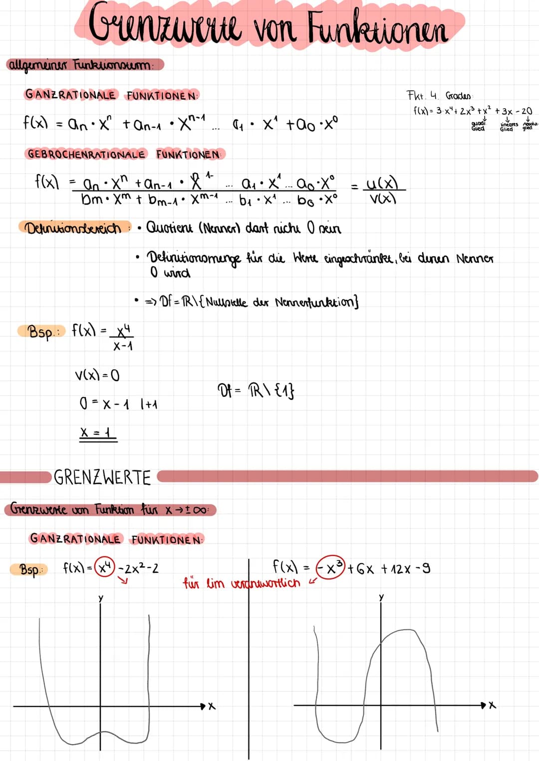 Grenzwerte von Funktionen
allgemeiner Funktionsterm:
GANZRATIONALE FUNKTIONEN:
f(x) = an•X² + an-1 • Xn-1
TIONALE
GEBROCHENRATIONALE FUNKTIO