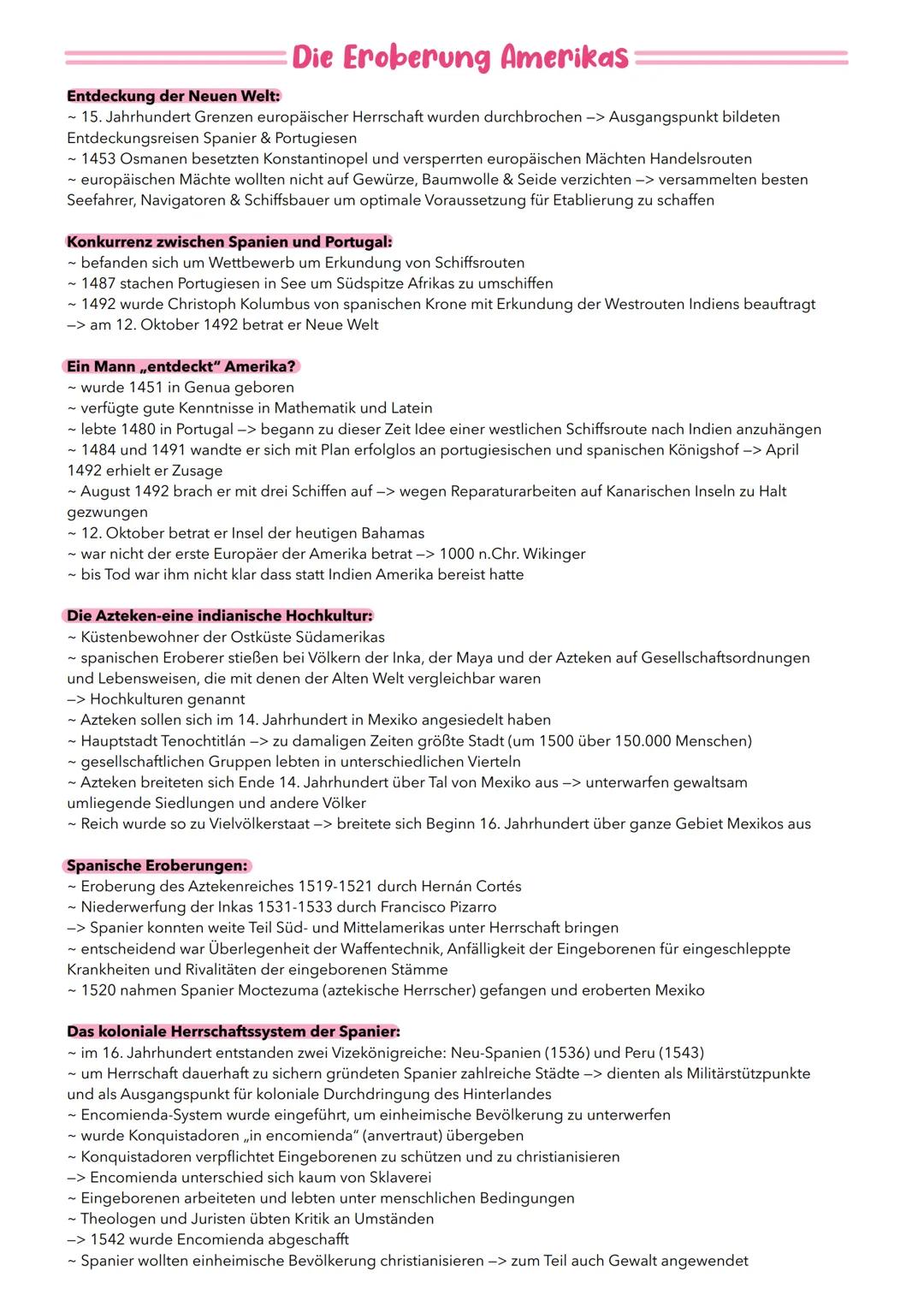 # Die Eroberung Amerikas

Entdeckung der Neuen Welt:

- 15. Jahrhundert Grenzen europäischer Herrschaft wurden durchbrochen -> Ausgangspunkt