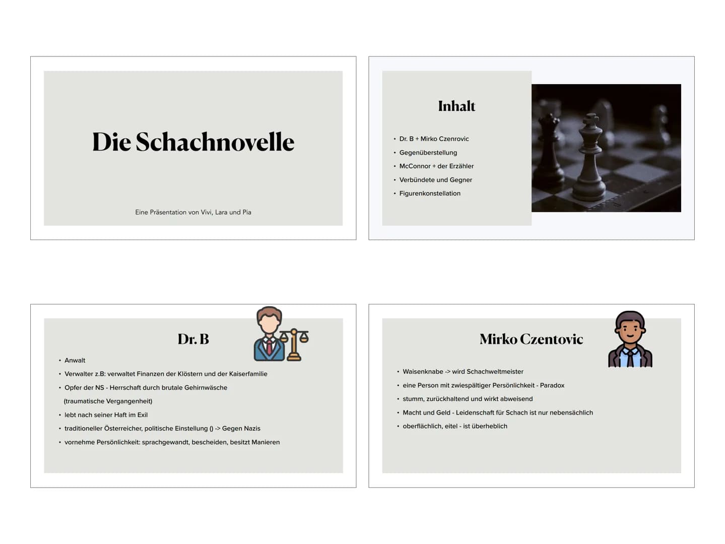Die Schachnovelle
Eine Präsentation von Vivi, Lara und Pial
Dr. B
. Anwalt
• Verwalter z.B: verwaltet Finanzen der Klöstern und der Kaiserfa