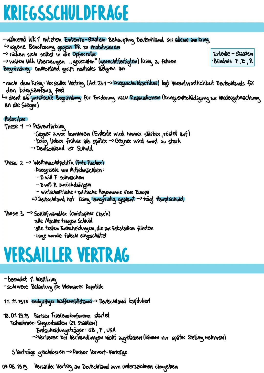 # KRIEGSSCHULDFRAGE

-während WK1 nutzten Entente-Staaten Behauptung Deutschland sei alleine am krieg
> eigene Bevölkerung gegen DR zu mobil