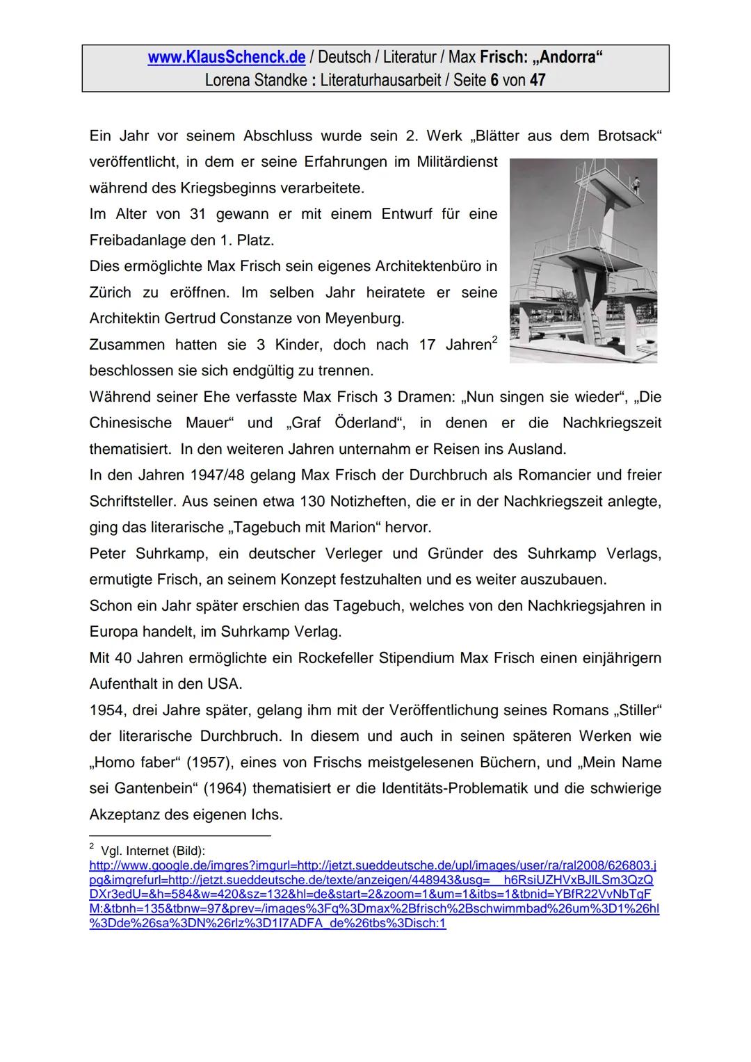 www.KlausSchenck.de / Deutsch / Literatur / Max Frisch: ,,Andorra"
Lorena Standke: Literaturhausarbeit / Seite 1 von 47
Literaturhausarbeit
