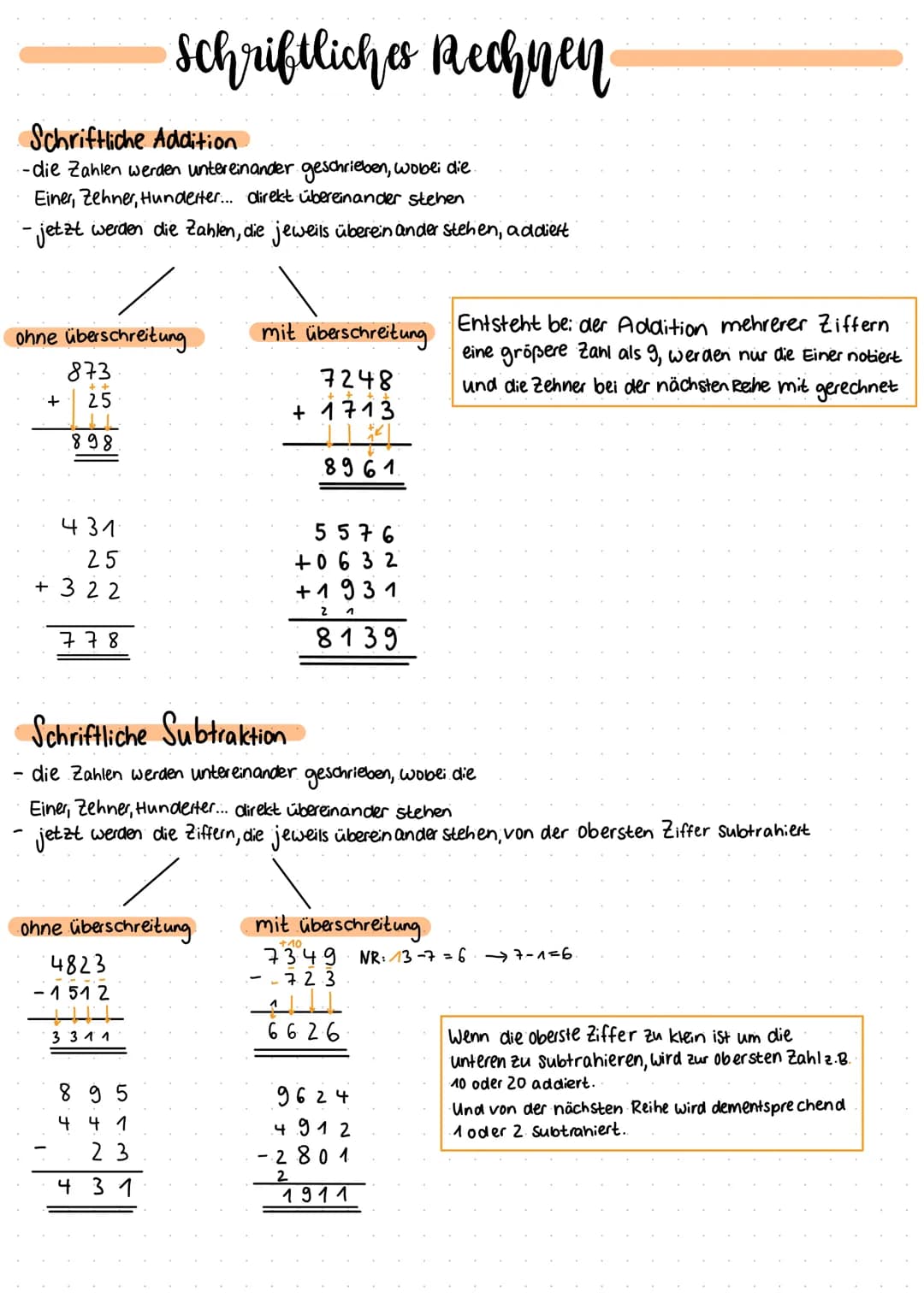 schriftliches Rechnen
Schriftliche Addition
- die Zahlen werden untereinander geschrieben, wobei die.
Einer, Zehner, Hunderter... direkt übe