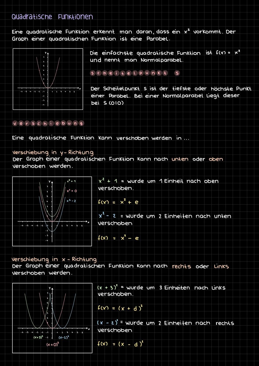 # Quadratische Funktionen

Eine quadratische Funktion erkennt man daran, dass ein x² vorkommt. Der
Graph einer quadratischen Funktion ist ei