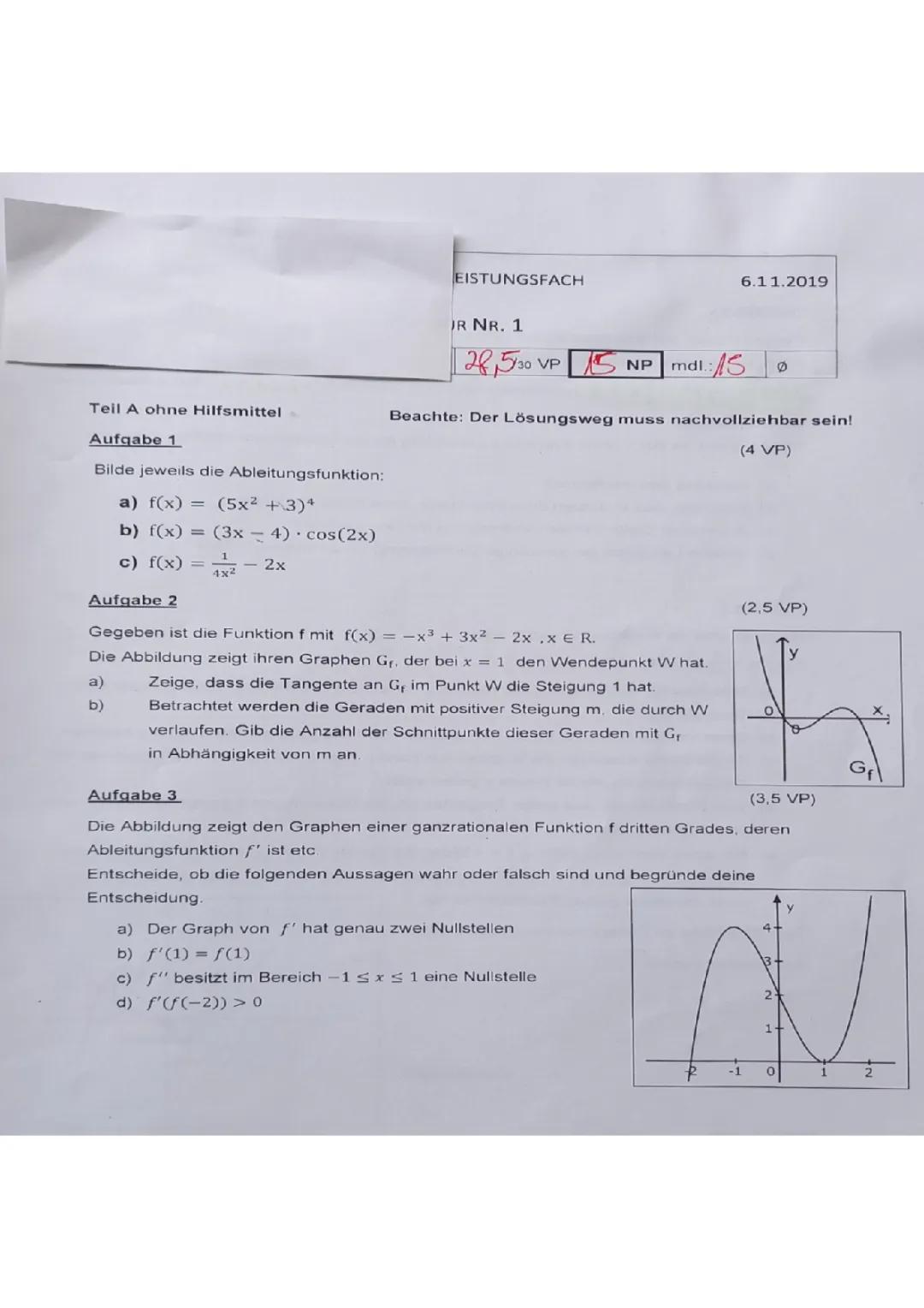 Mathe Klasse 11: Übungsaufgaben Ableitungen und Kurvendiskussion PDF mit Lösungen