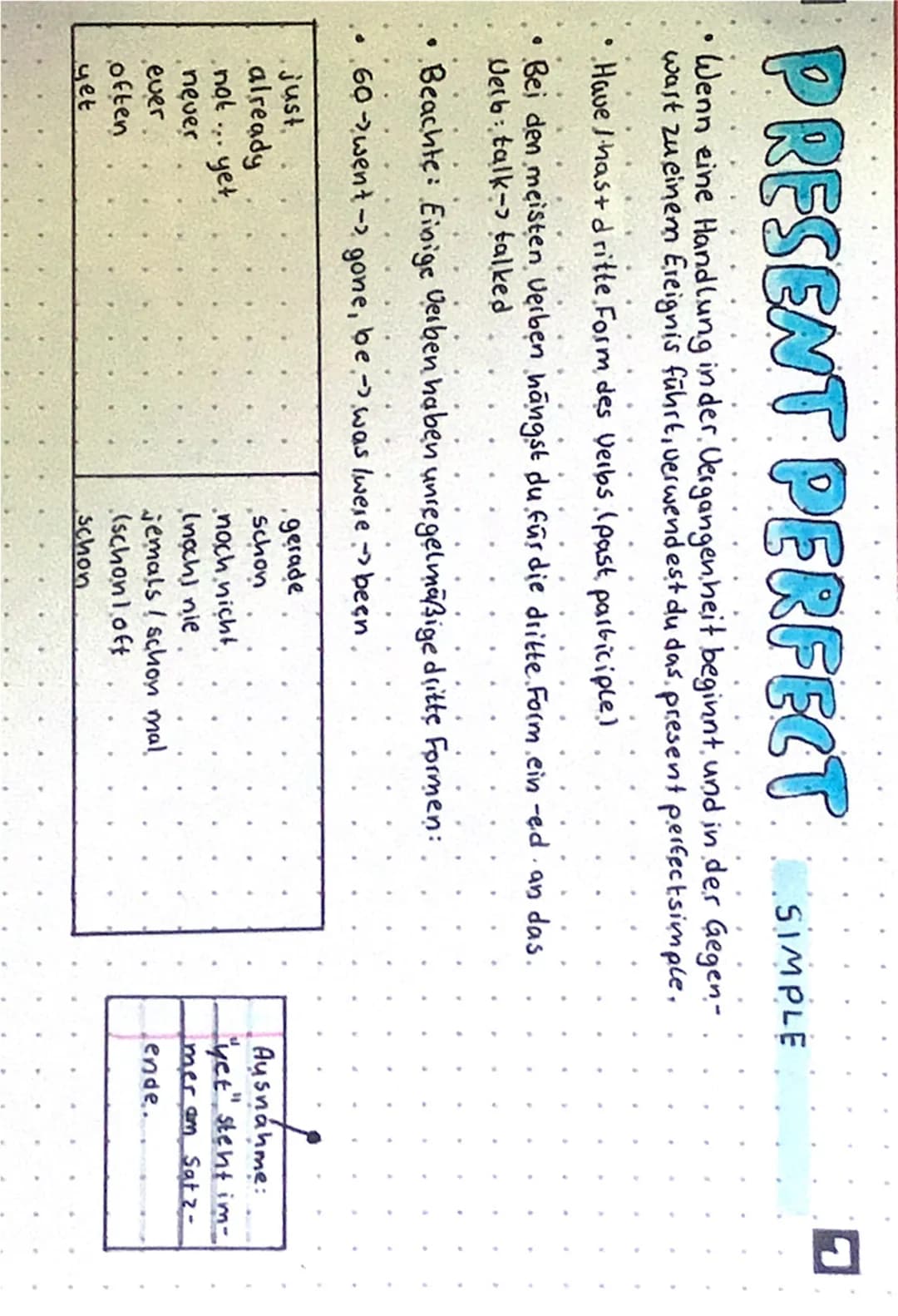 PRESENT PERFECT
SIMPLE
Mit dem present perfect simple verbindest du die Vergangenheit mit
der Gegenwart..
• Mit dem present perfect simple k