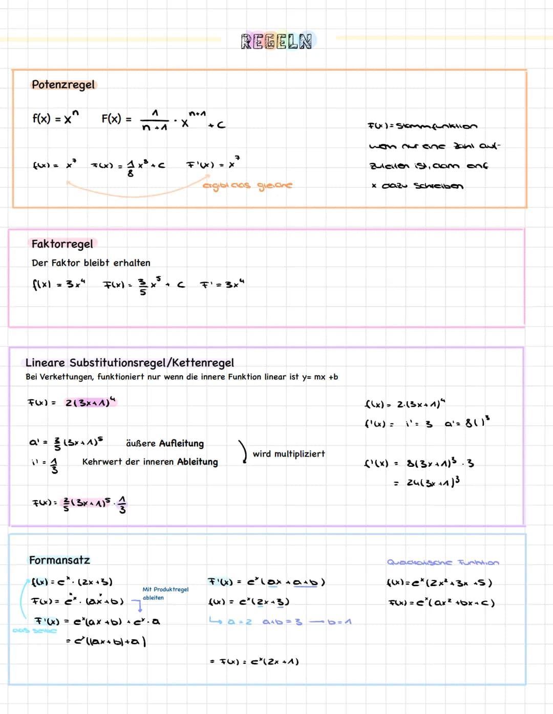Potenzregel
f(x) = x^
(lx) = x²
f(x)
Faktorregel
Der Faktor bleibt erhalten
F(x) =
= 3x4
a' =
|")=
F(x)=
- 1x³ +C
F(x) =
= (3x + 1)²
Lineare