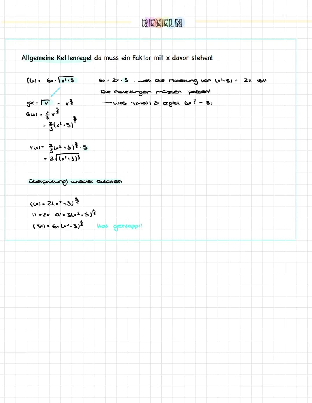 Potenzregel
f(x) = x^
(lx) = x²
f(x)
Faktorregel
Der Faktor bleibt erhalten
F(x) =
= 3x4
a' =
|")=
F(x)=
- 1x³ +C
F(x) =
= (3x + 1)²
Lineare