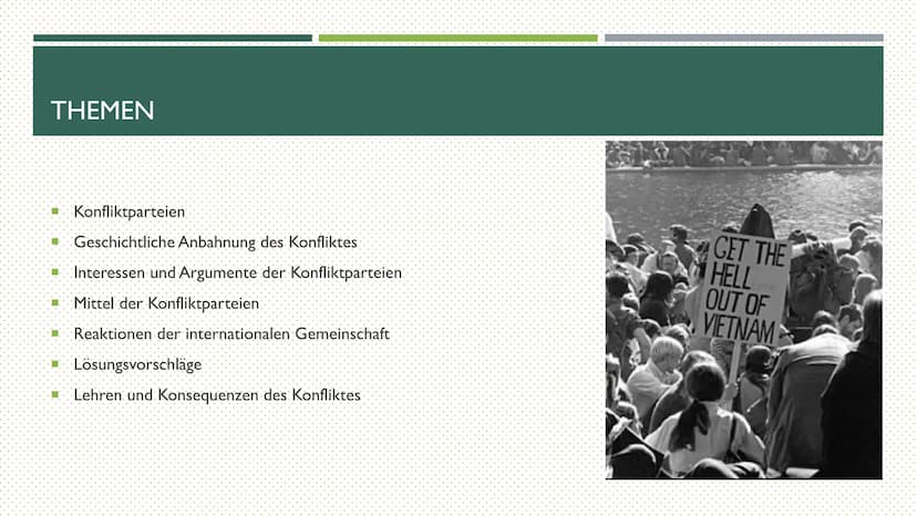 DER VIETNAMKRIEG
EINE KONFLIKTANALYSE THEMEN
Konfliktparteien
* Geschichtliche Anbahnung des Konfliktes
■ Interessen und Argumente der Konfl